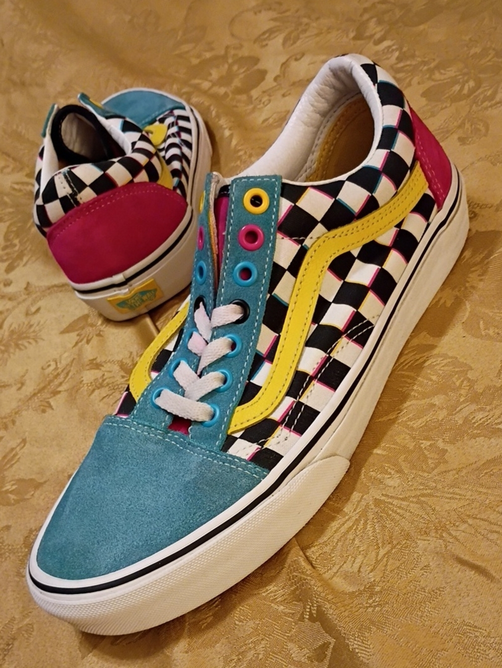 VANS Checkerboard Blue, Yellow & Pink Suede And Canvas Women's 10.0 Men's 8.5